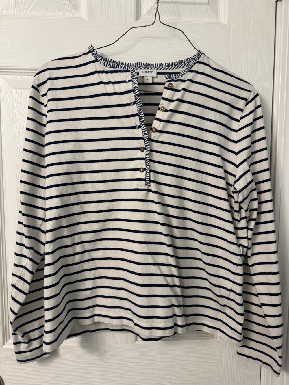 J.Crew Navy & White Striped Ruffleneck Henley Top